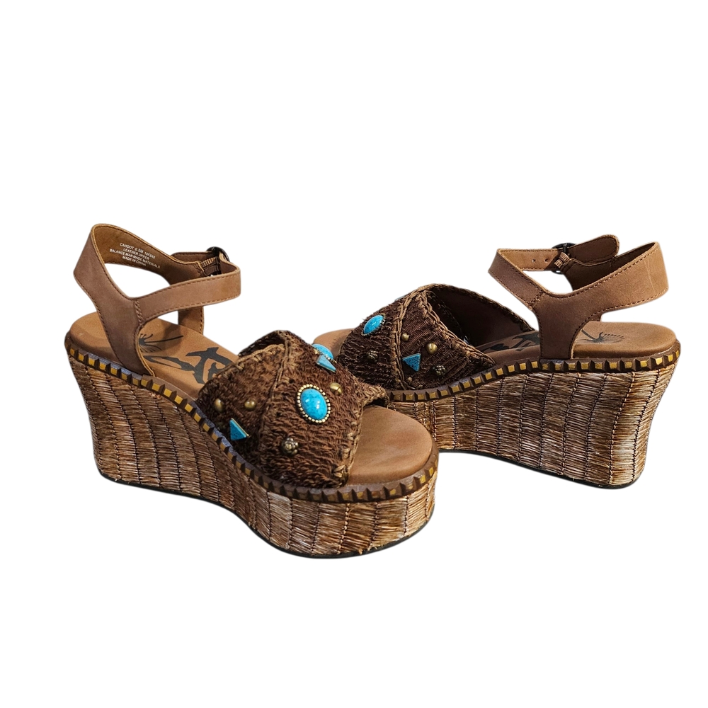 OTBT Cahoot Leather Brown Wedge Peasant Sandals Turquoise Stone Accents Sz 6.5 - Picture 4 of 9